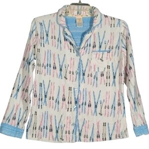 Munki Munki Ski Print Pajama Top Button Up Long‎ Sleeve Lounge Shirt Women’s Sm